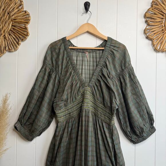 Free People maxi dress plaid embroidery ruffled cottage gingham boho smock - Picture 4 of 9
